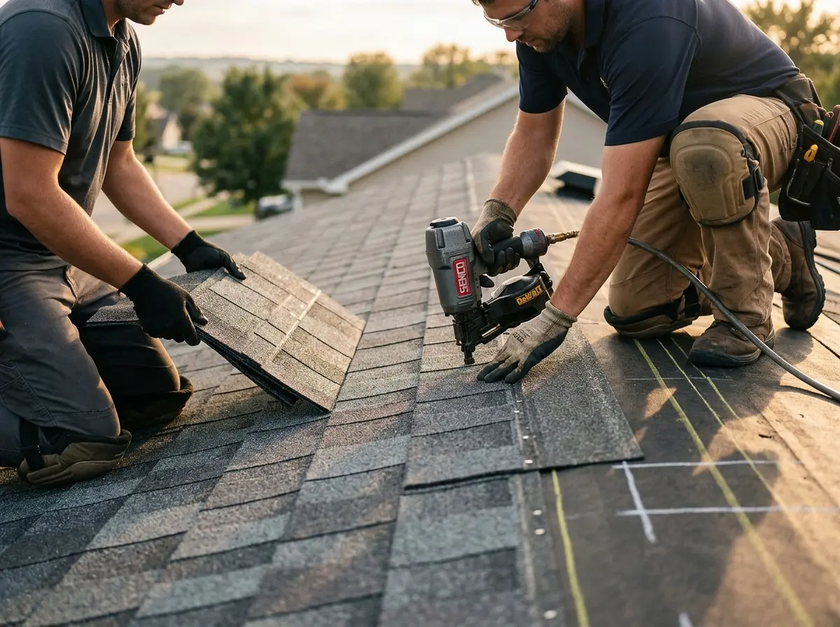 Professional roofer working on a residential roof in Dalhart